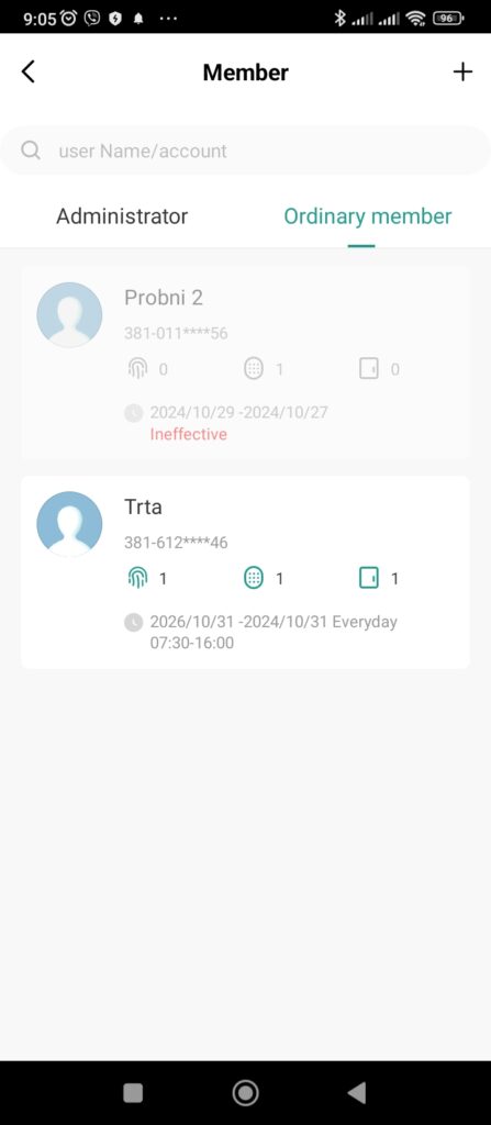 Tuya Smart lista administratora i korisnika Secukey HFD1-WiFi