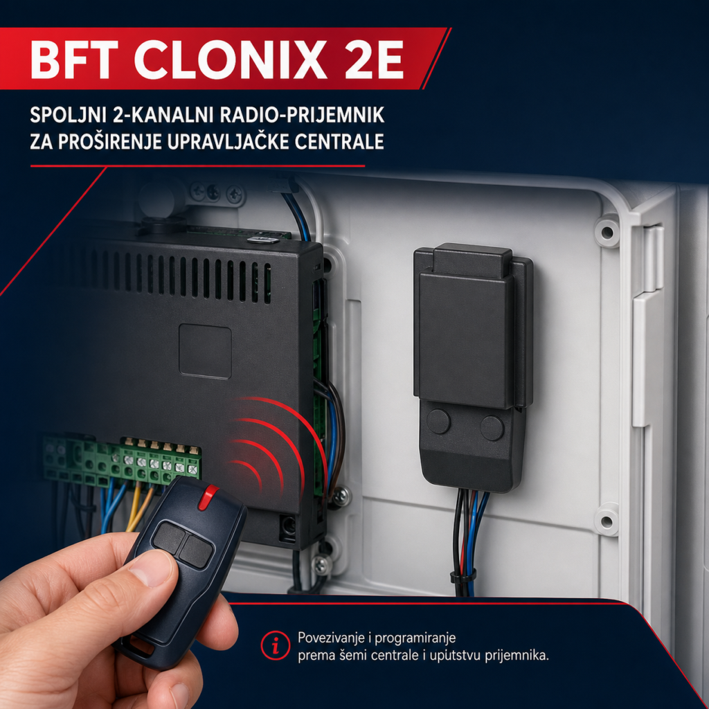 Montaža spoljnog prijemnika BFT CLONIX 2E uz centralu kapije