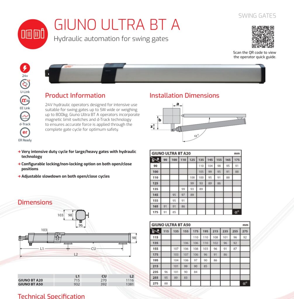 BFT GIUNO ULTRA BT A20 – zvanični katalog 2026