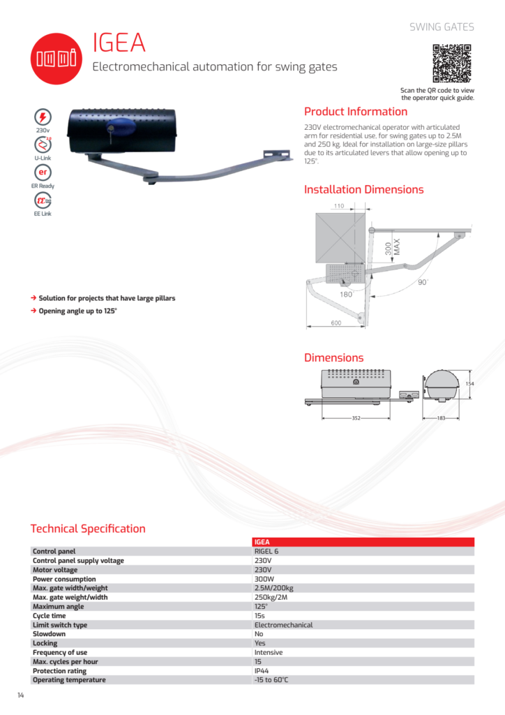 BFT IGEA 230 V motor za krilnu kapiju – katalog, dimenzije i tehnički podaci