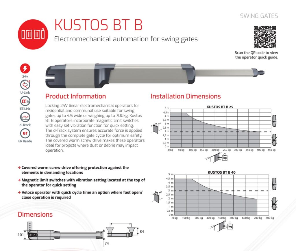 BFT KUSTOS BT B25 sa zatvorenim pužnim pogonom – zvanični katalog 2026