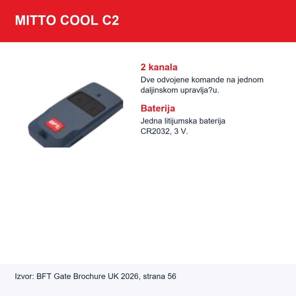 BFT MITTO COOL C2 daljinski sa 2 kanala i CR2032 baterijom