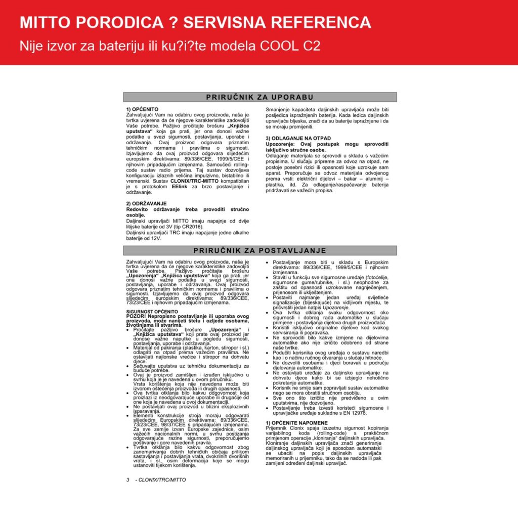 BFT MITTO porodica starije hrvatsko uputstvo za programiranje