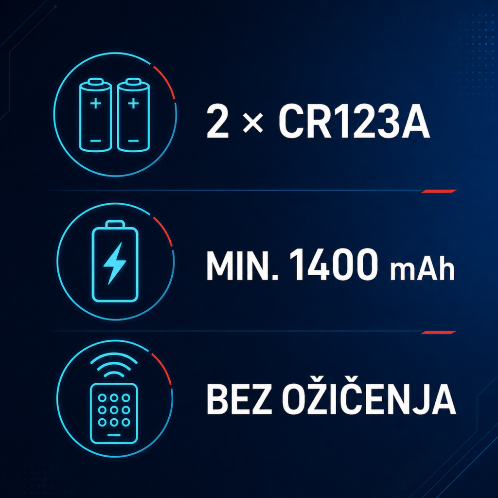 BFT Q.BO TOUCH tehnička grafika – dve CR123A baterije i montaža bez napojnog kabla