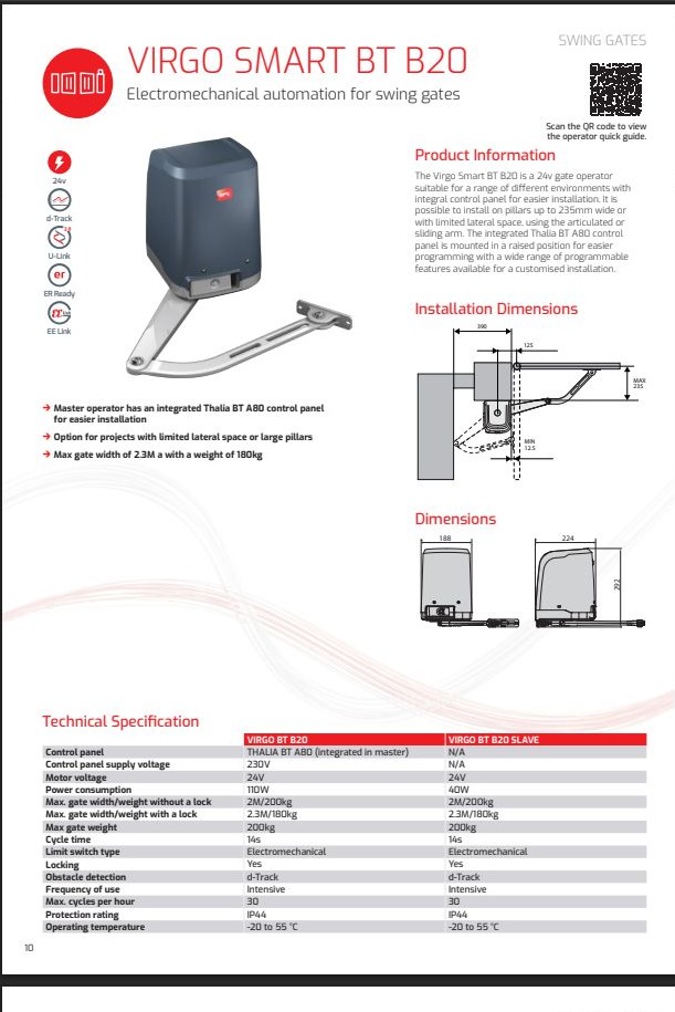 BFT VIRGO SMART BT B20 zvanični katalog i tehnički pregled
