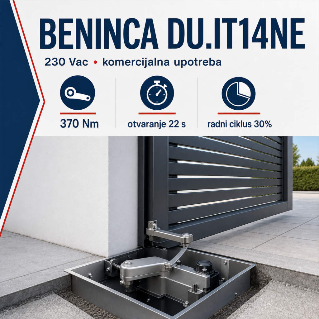 Beninca DU.IT14NE podzemni motor 230 Vac za komercijalne krilne kapije, 370 Nm i radni ciklus 30%