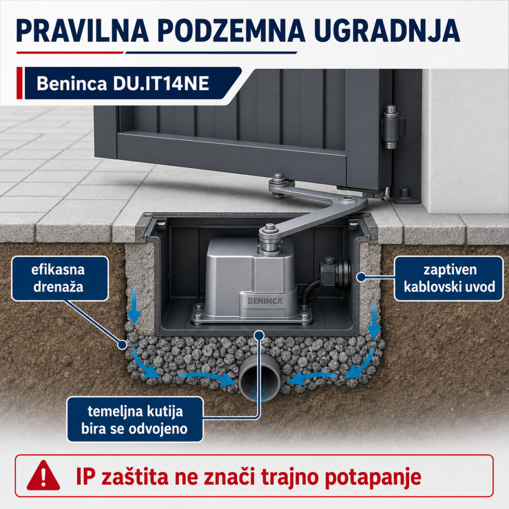 Pravilna podzemna ugradnja Beninca DU.IT14NE sa drenažom, zaptivenim kablovskim uvodom i odvojeno izabranom temeljnom kutijom