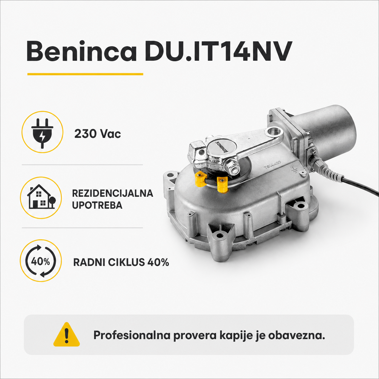 Beninca DU.IT14NV podzemni motor 230 Vac za rezidencijalne krilne kapije sa radnim ciklusom 40%