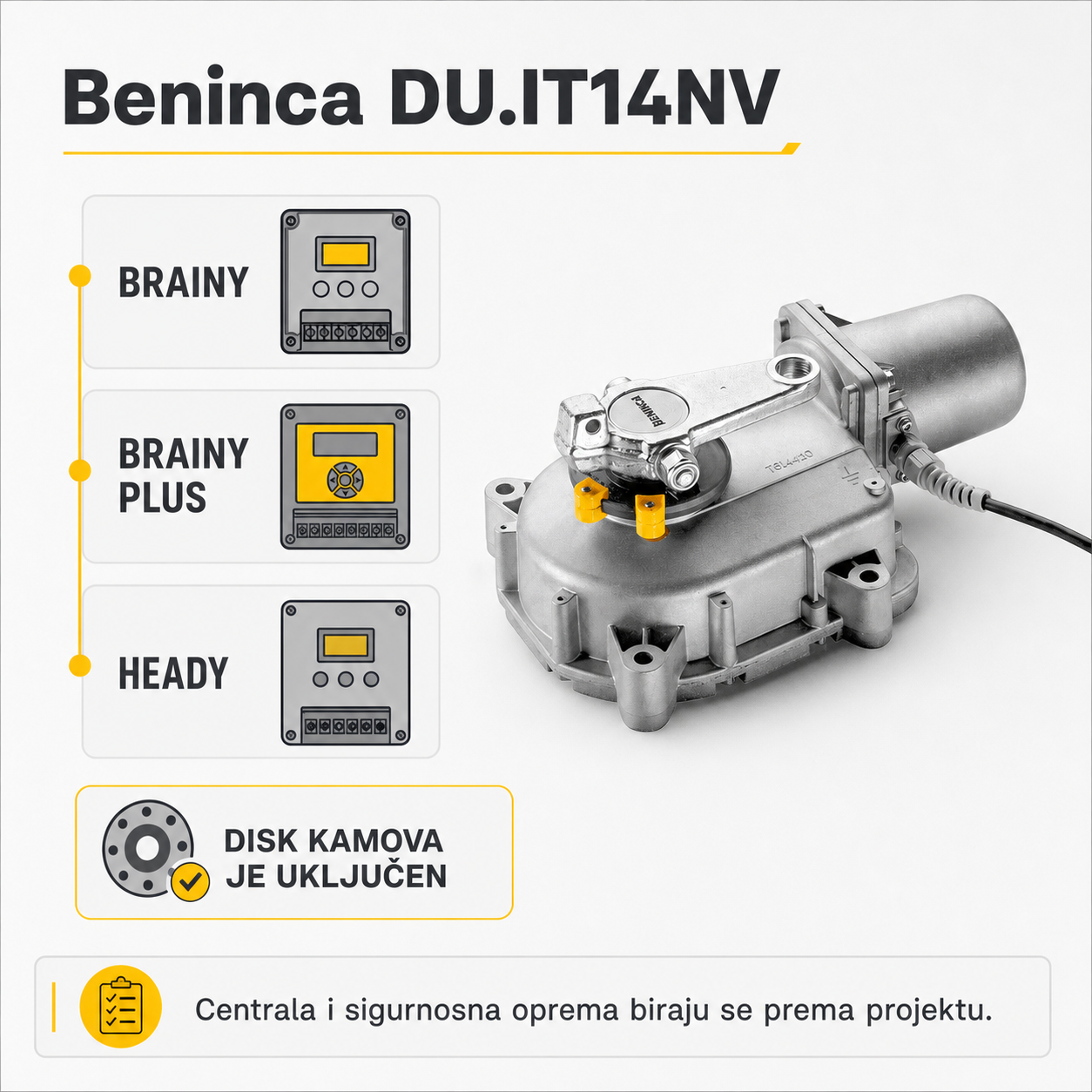 Beninca DU.IT14NV kompatibilan sa BRAINY, BRAINY PLUS i HEADY centralama, disk kamova je uključen