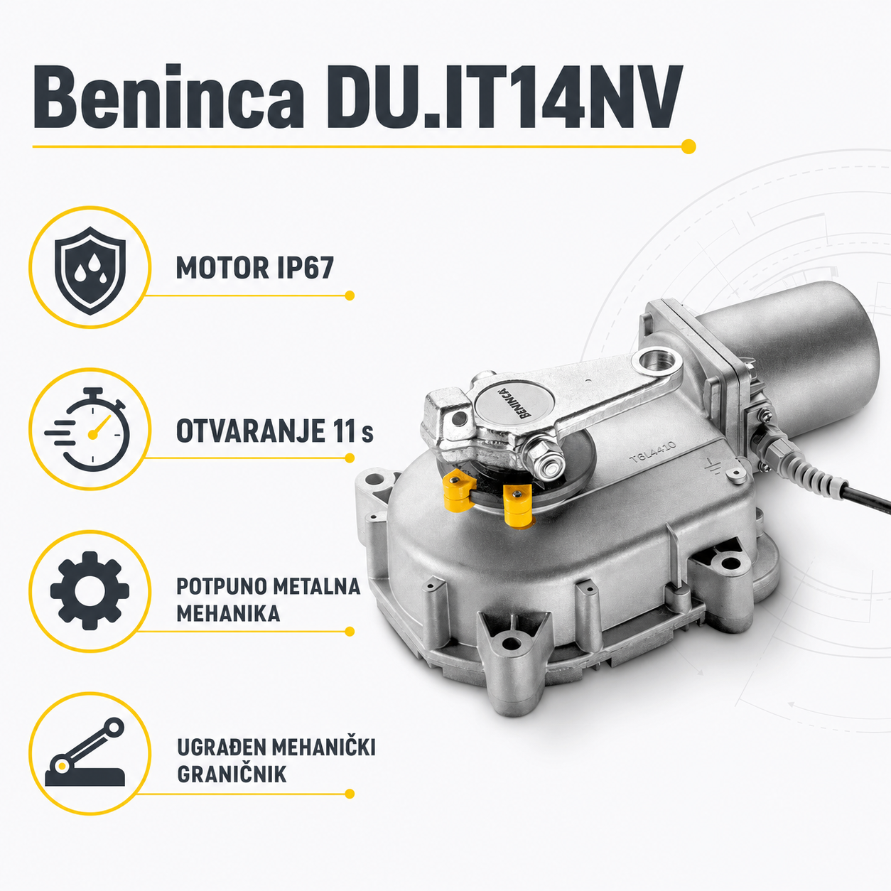 Beninca DU.IT14NV sa IP67 zaštitom, metalnom mehanikom, mehaničkim graničnikom i otvaranjem 11 sekundi