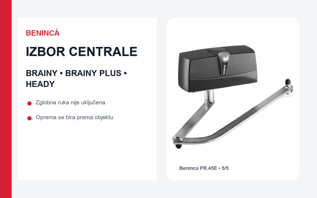 Beninca PR.45E kompatibilan sa centralama BRAINY, BRAINY PLUS i HEADY; zglobna ruka se bira odvojeno