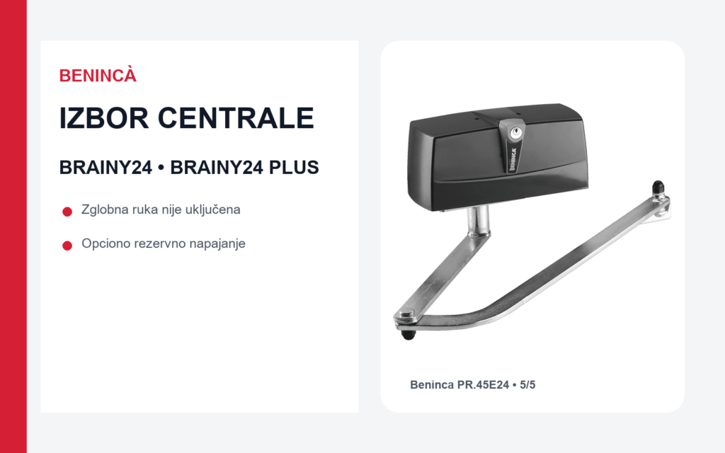 Beninca PR.45E24 kompatibilan sa centralama BRAINY24 i BRAINY24 PLUS; zglobna ruka se bira odvojeno