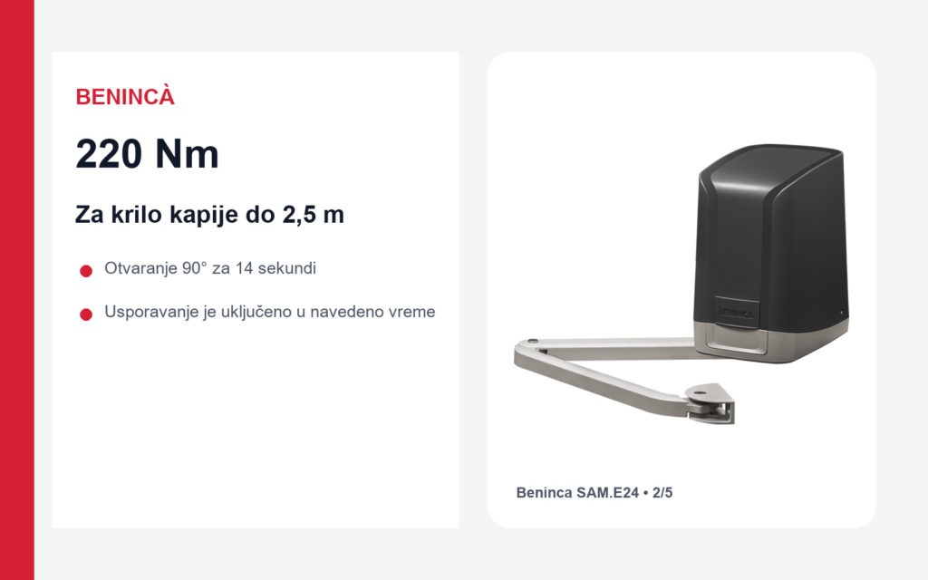 Beninca SAM.E24 motor 220 Nm za krilnu kapiju do 2,5 metra