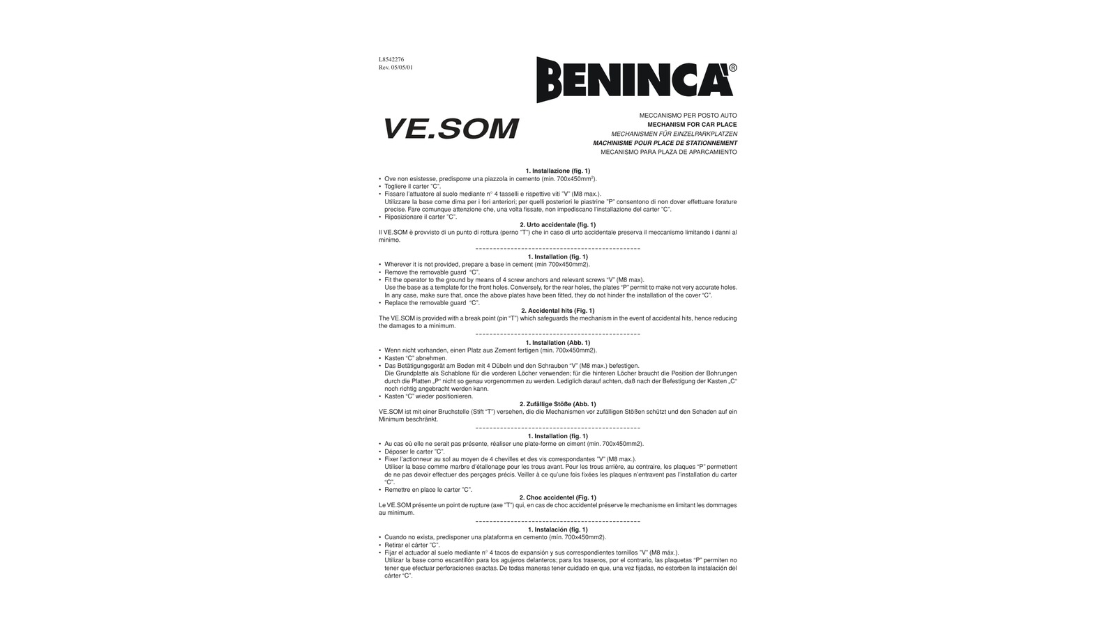 Beninca VE.SOM – Ručni mehanizam za rezervaciju parking mesta