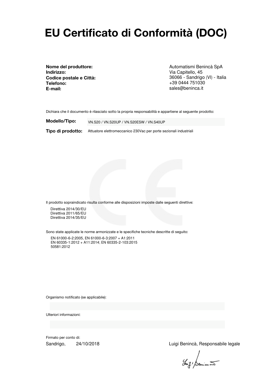 Beninca VN.S40V — motor za sekcijska garažna vrata