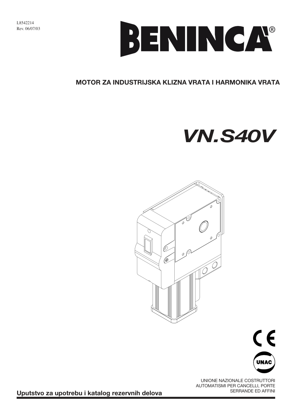 Beninca VN.S40V — motor za sekcijska garažna vrata