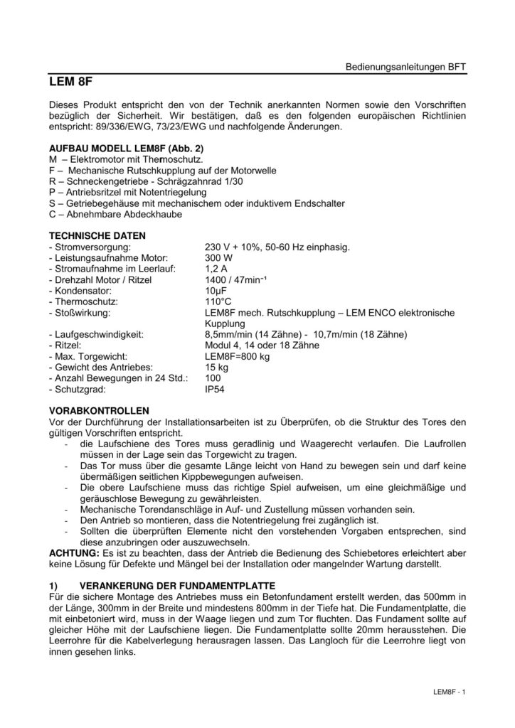 BFT LEM 8F tehnički podaci 230 V 300 W 800 kg
