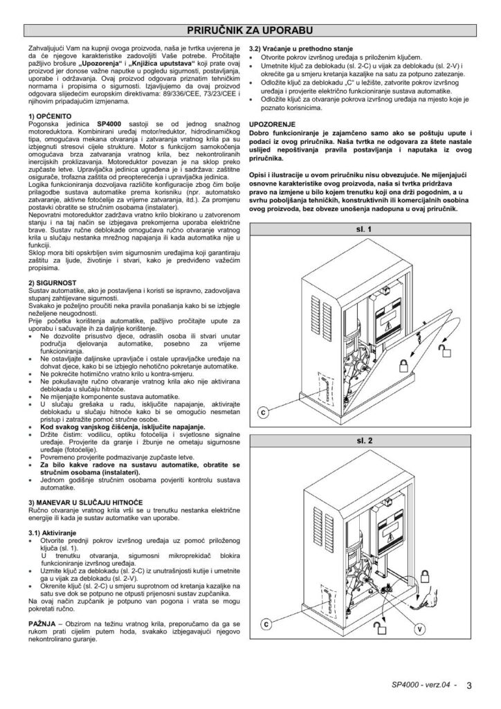 BFT SP4000 ručna deblokada, bezbednosna upozorenja i unutrašnjost pogona