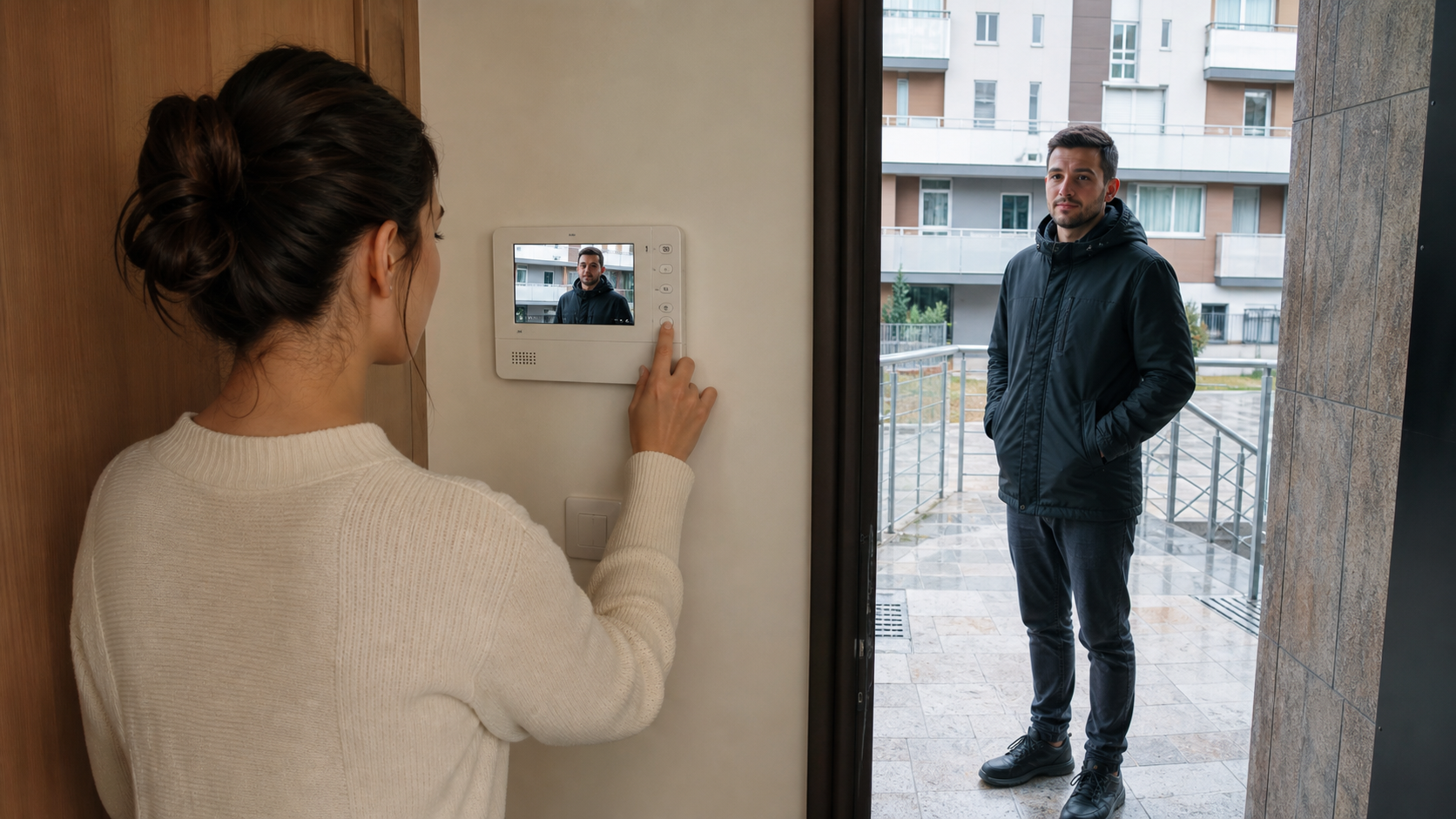 Stanarka na unutrašnjem monitoru proverava posetioca pre otključavanja ulaza