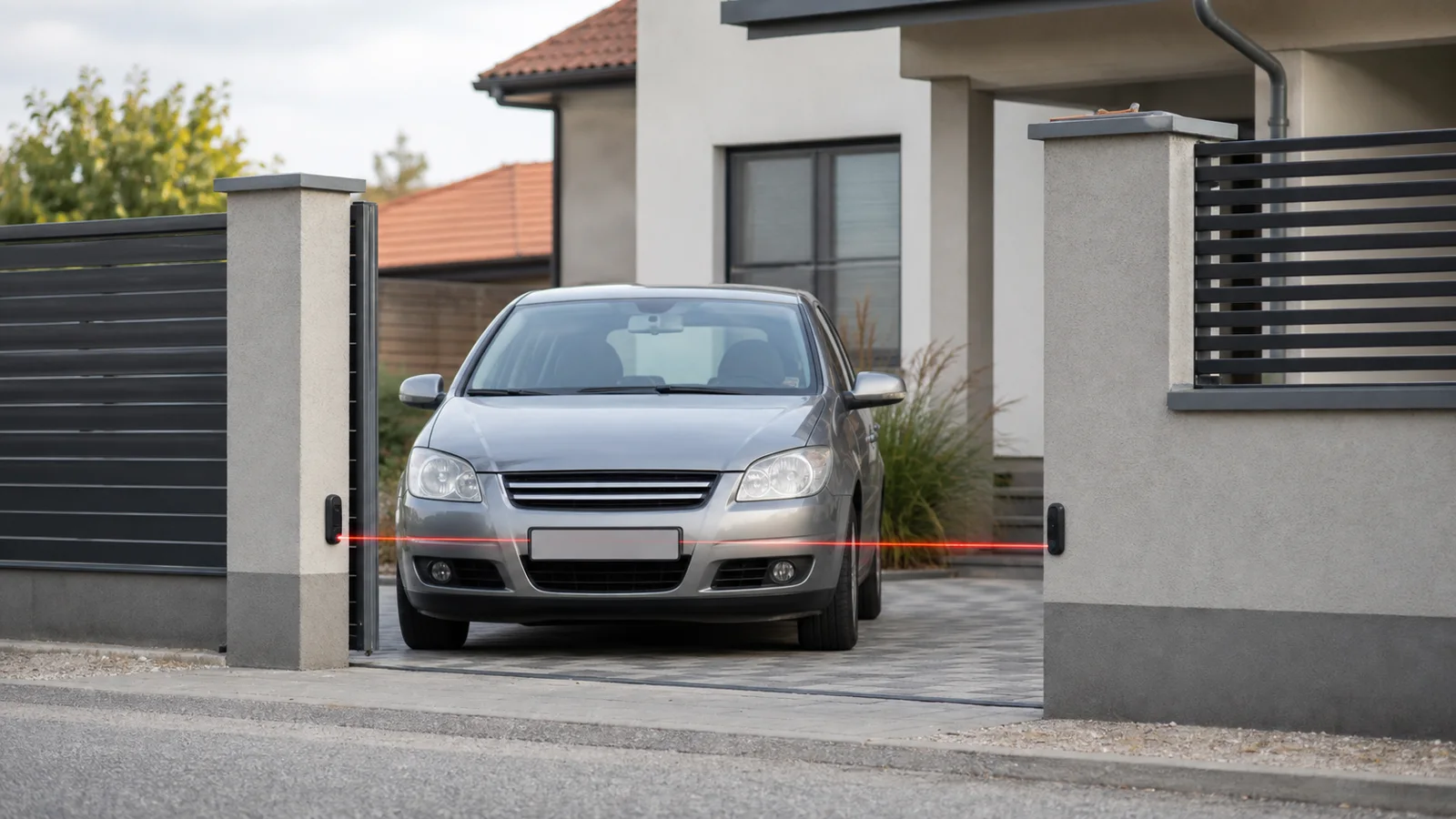 Automobil prolazi kroz kliznu kapiju između pravilno poravnatih fotoćelija
