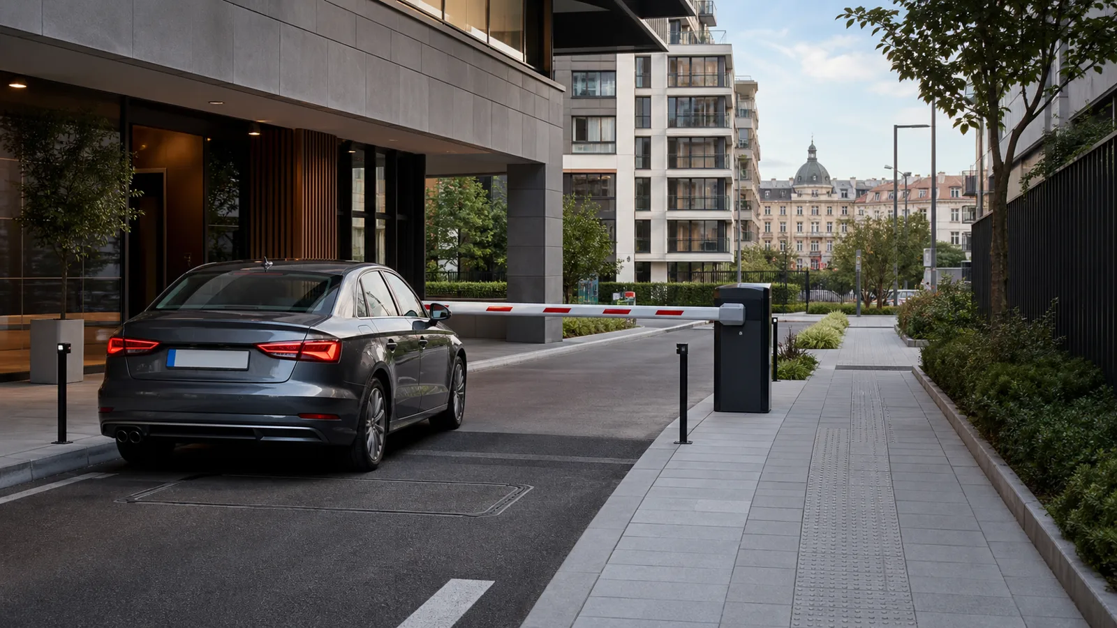 Automobil ispred automatske parking rampe sa odvojenom pristupačnom pešačkom stazom
