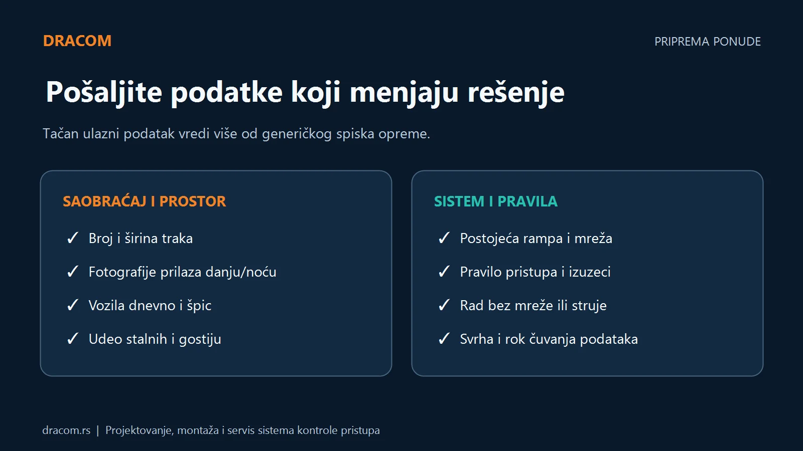 Podaci za ponudu kontrole ulaza vozila: trake, prilaz, saobraćaj, korisnici, postojeći sistem, izuzeci, kvar i čuvanje podataka