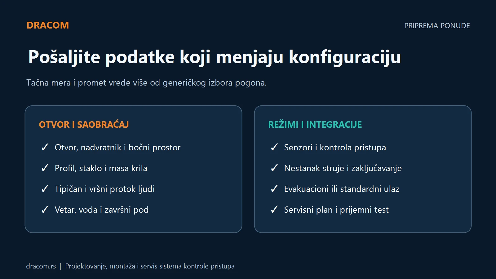 Podaci za ponudu: otvor, krila, promet, vetar, voda, senzori, kontrola pristupa, nestanak struje i servis