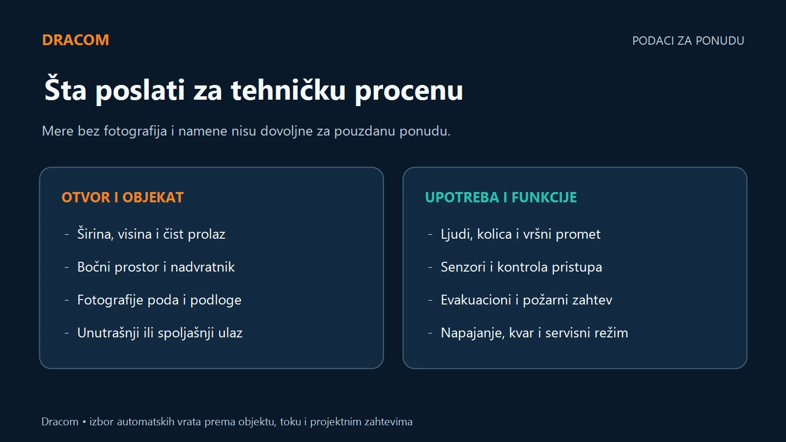 Podaci za ponudu automatskih vrata: mere, fotografije, promet, senzori, evakuacija, napajanje i servis