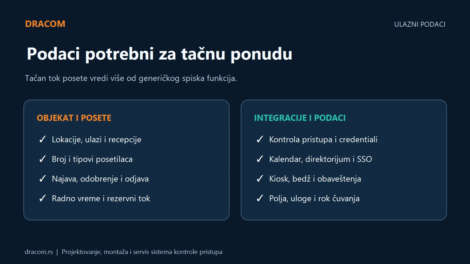 Podaci za ponudu: lokacije, posetioci, tok odobrenja, rezervni rad, kontrola pristupa, SSO, kiosk i rok čuvanja