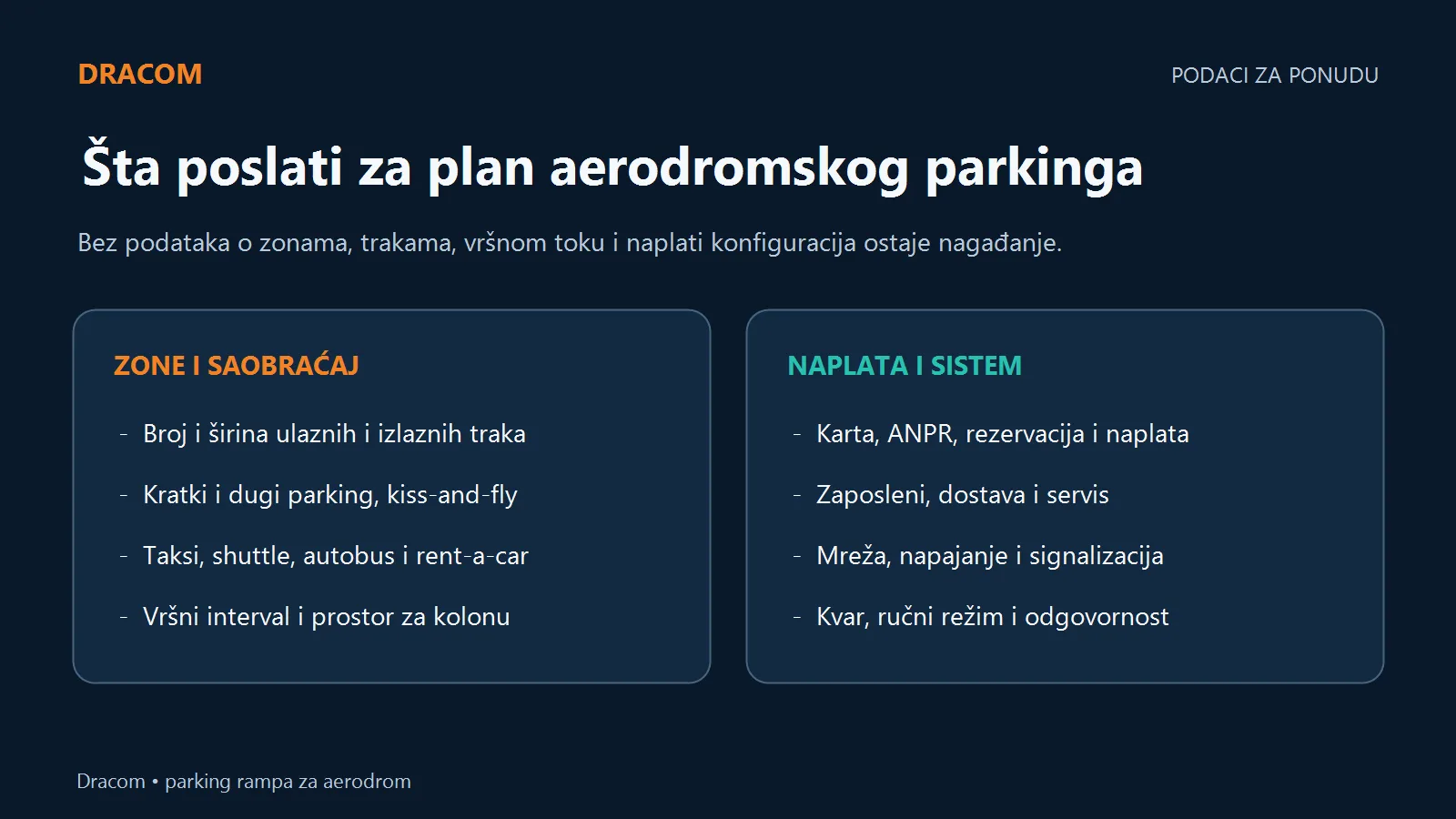 Podaci za ponudu: trake, parking zone, taksi, autobus, rent-a-car, ANPR, rezervacija, naplata i kvar