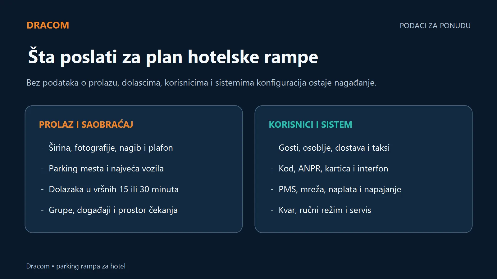 Podaci za ponudu: prolaz, parking mesta, dolasci, grupe, gosti, ANPR, PMS, napajanje i kvar