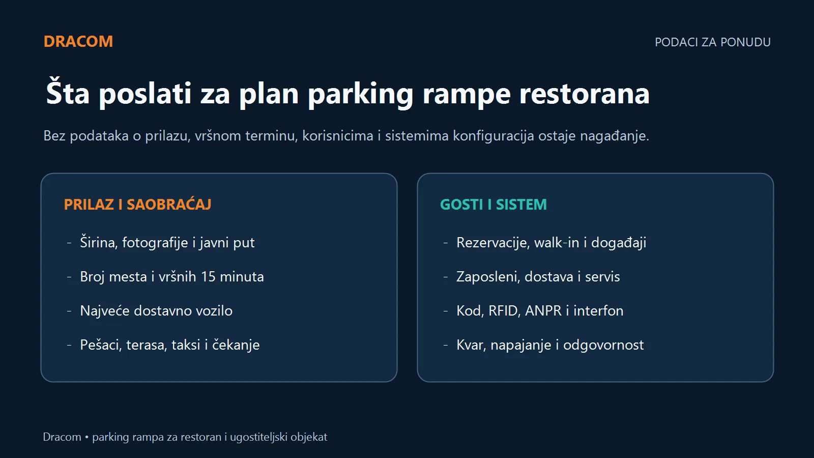 Podaci za ponudu: prilaz, parking mesta, vršnih 15 minuta, dostava, gosti, zaposleni, kod, RFID, ANPR, interfon i kvar