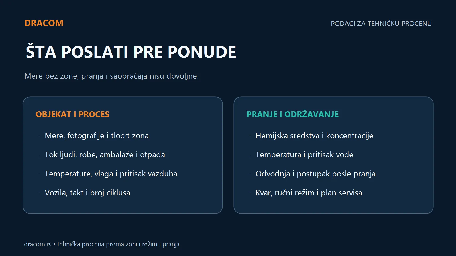 Podaci za ponudu: zone, tokovi, temperatura, vozila, hemijska sredstva, pranje, odvodnja, kvar i servis