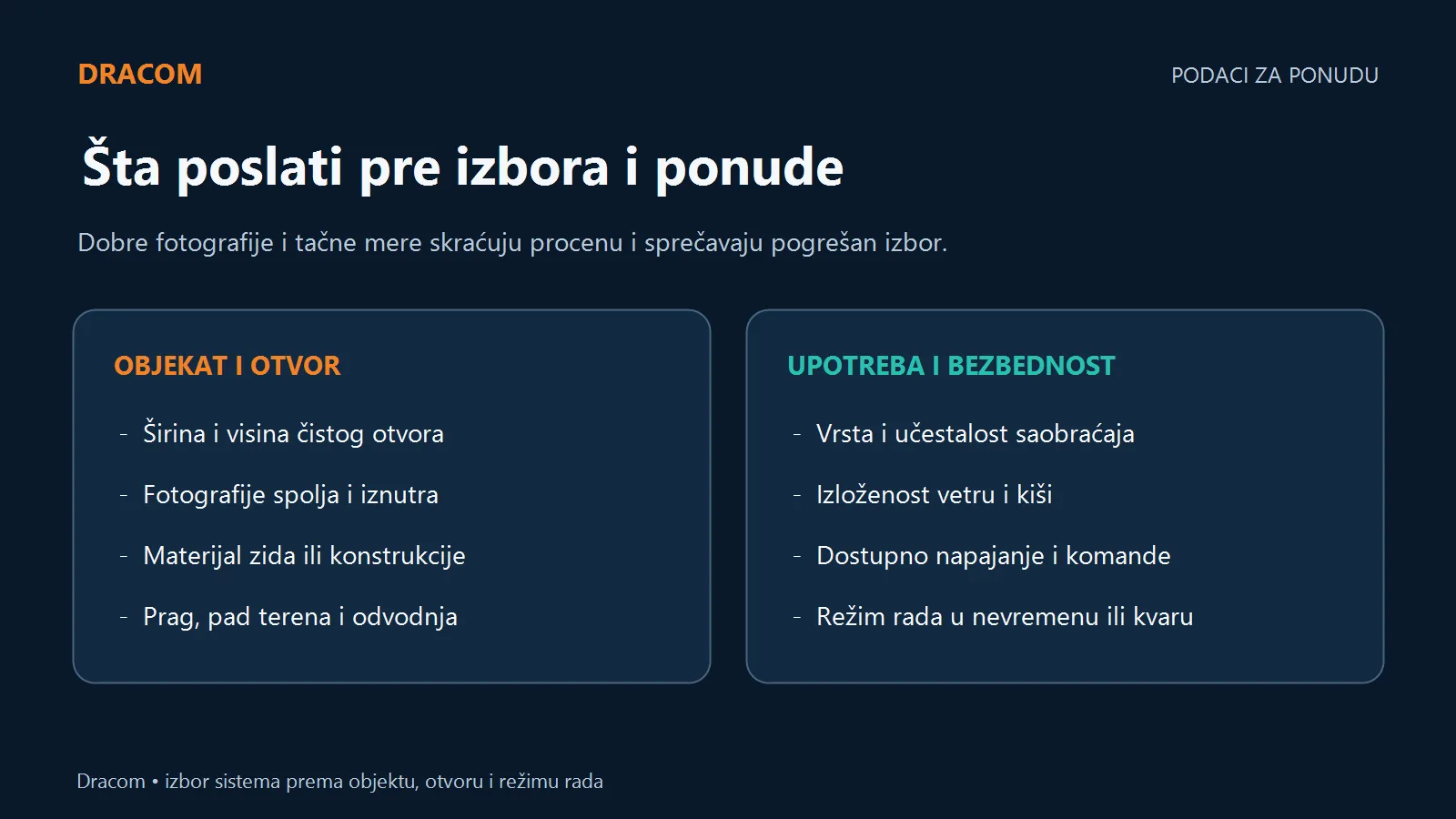 Podaci za ponudu: mere, fotografije, podloga, odvodnja, promet, vetar, napajanje i režim rada
