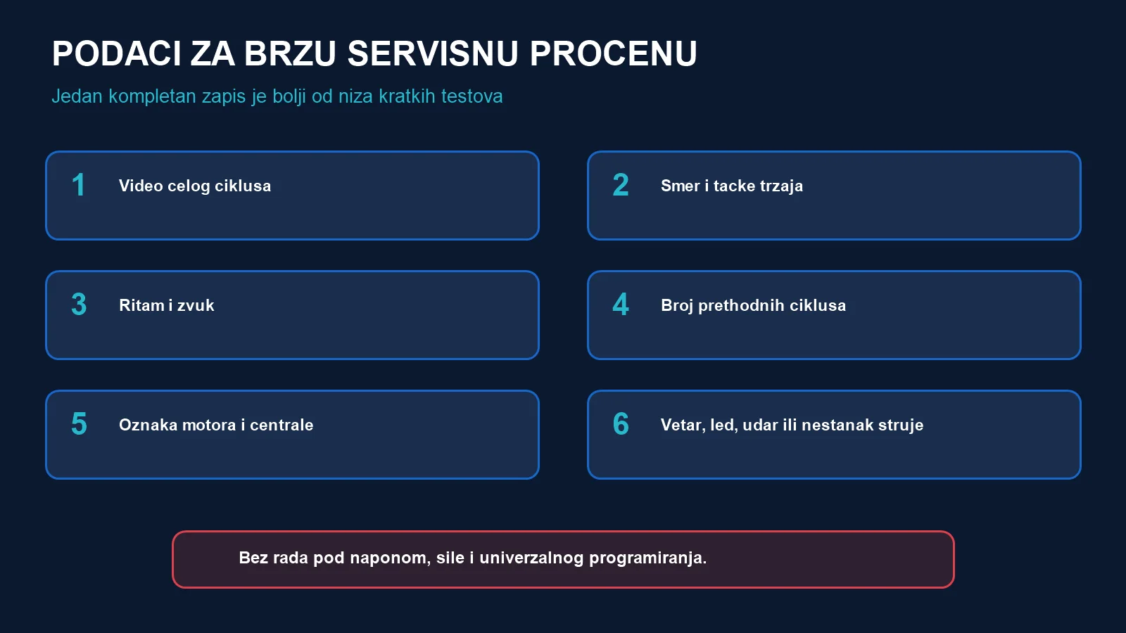 Šest podataka za servis: video, smer i tačke trzaja, ritam i zvuk, broj ciklusa, oznake opreme i prethodni događaj