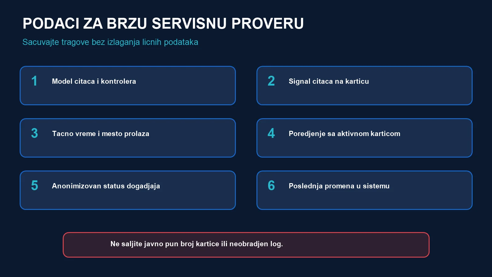 Šest podataka za servis: modeli, signal čitača, vreme i mesto, aktivna kartica, status događaja i poslednja promena
