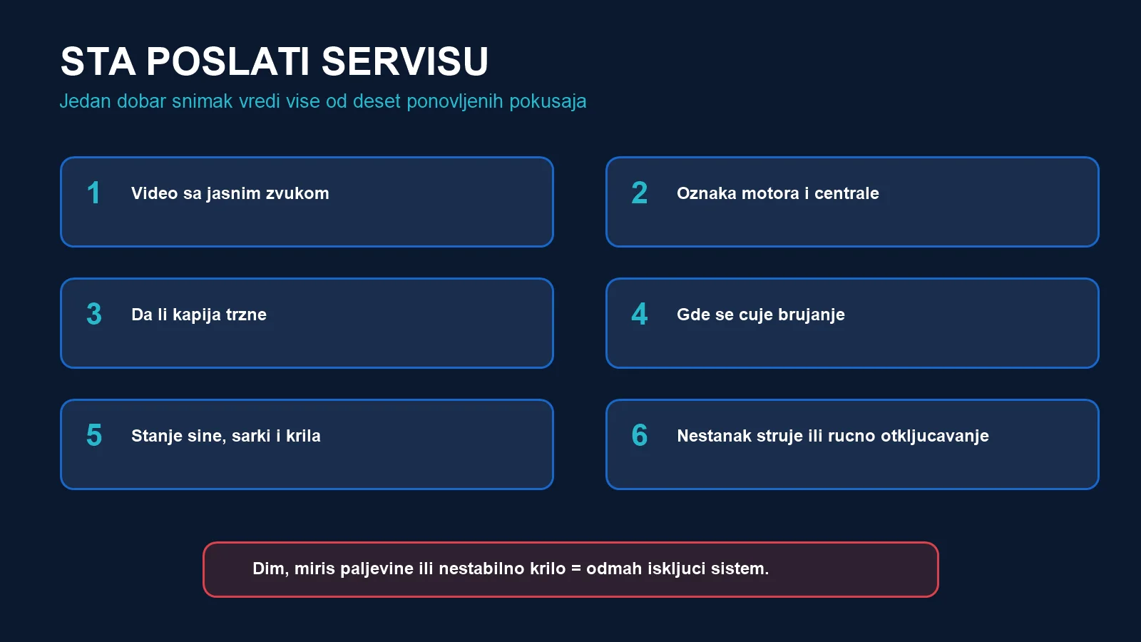 Šest podataka za servis motora kapije koji bruji: video, oznaka opreme, trzaj, mesto zvuka, stanje kapije i prethodni događaj