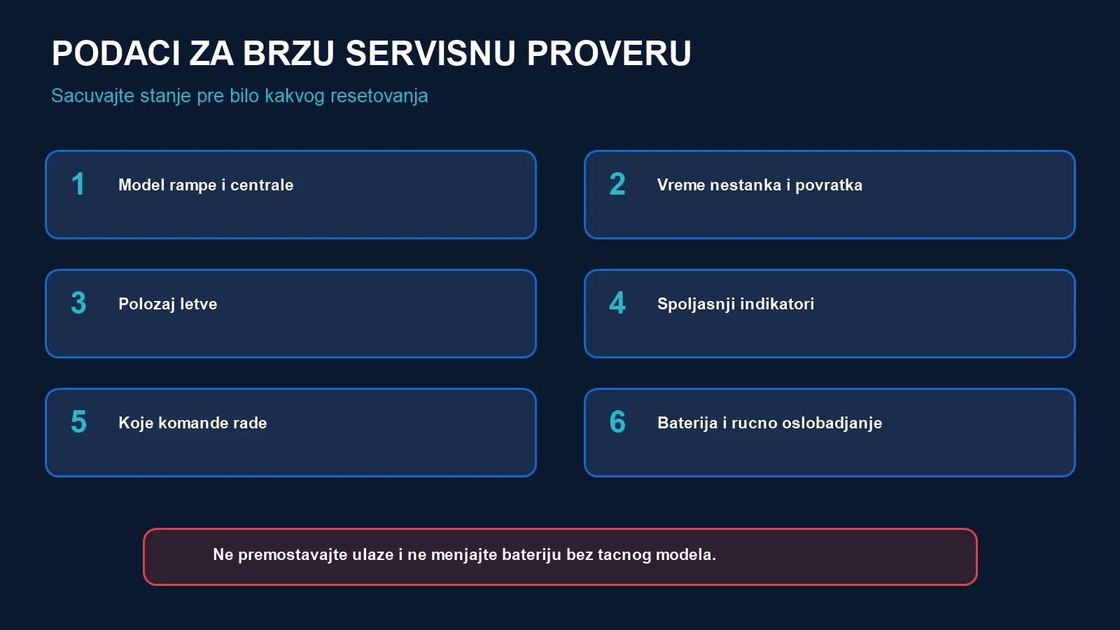 Šest podataka za servis: model, vreme nestanka i povratka, položaj letve, indikatori, komande i baterija