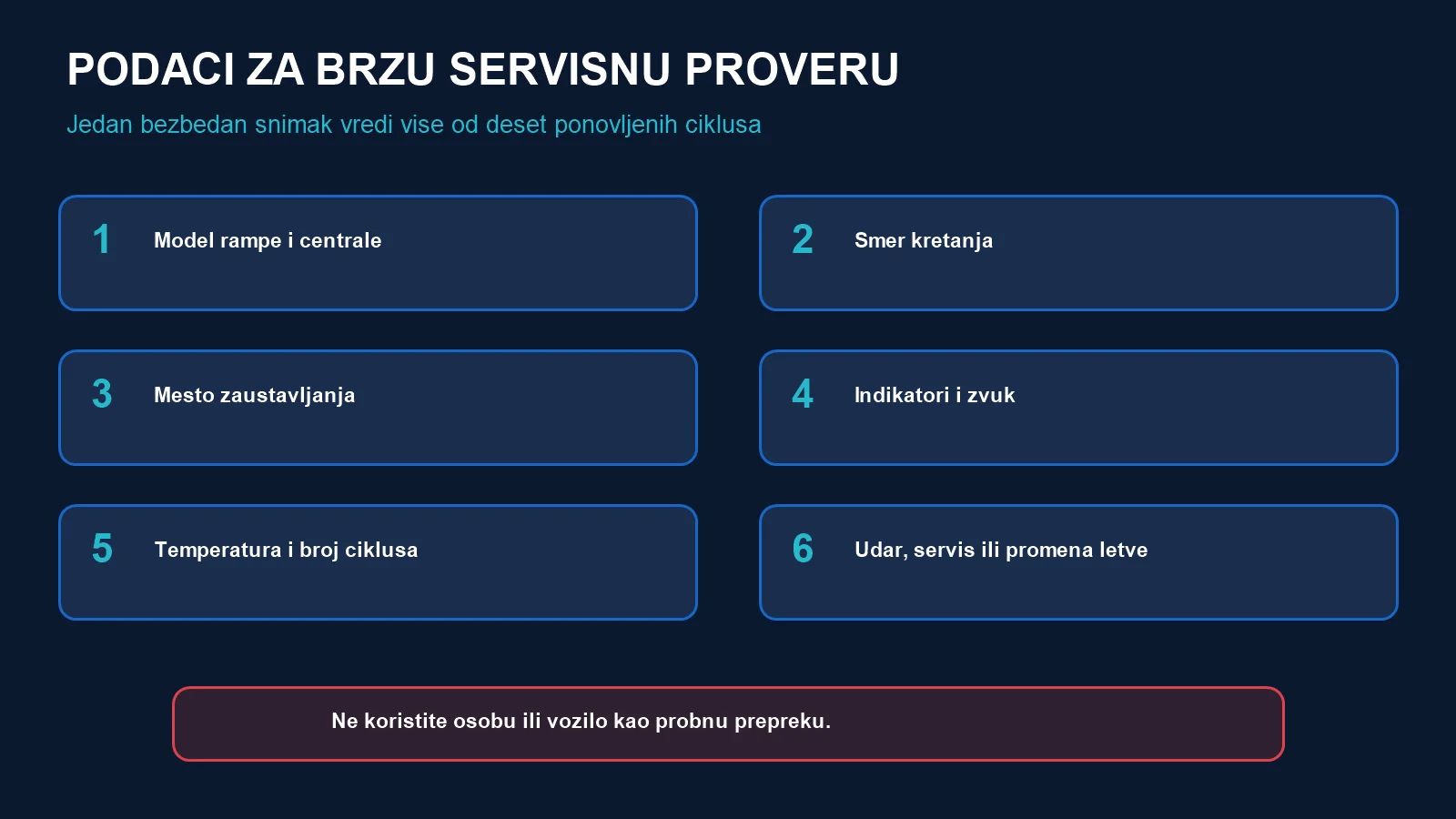Šest podataka za servis: model, smer, mesto zaustavljanja, indikatori i zvuk, temperatura i broj ciklusa i prethodna promena