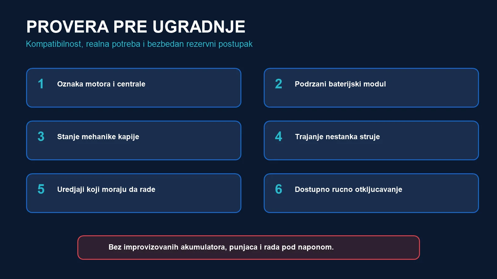Šest provera pre ugradnje rezervne baterije za motor kapije