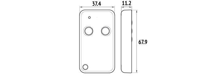 Roger E80/TX52R/2 – crtež dimenzija 37,4 × 67,9 × 11,2 mm