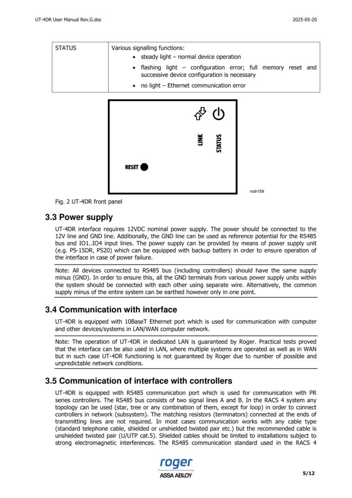 Roger UT-4DR Ethernet RS485 interfejs – zvanični prednji panel i priključci
